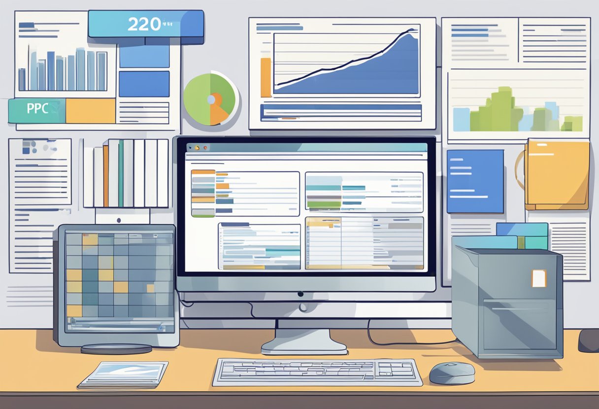 A computer monitor displaying PPC trends in the UK for 2024, with privacy regulation documents in the background