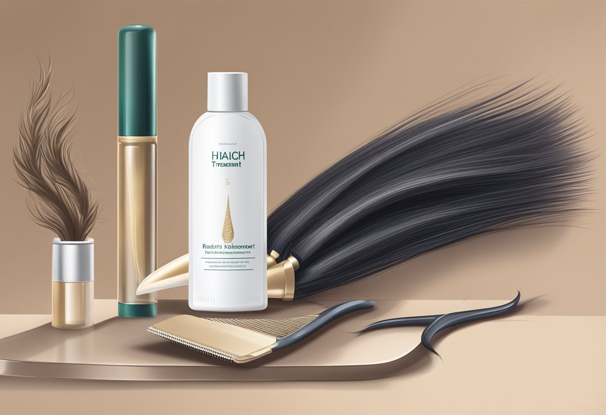 A bottle of recommended hair treatment next to itchy hair extensions on a table