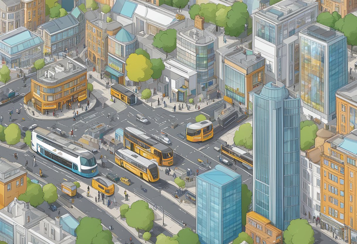A bustling UK cityscape with iconic landmarks and local businesses, featuring targeted PPC ads on billboards and digital screens