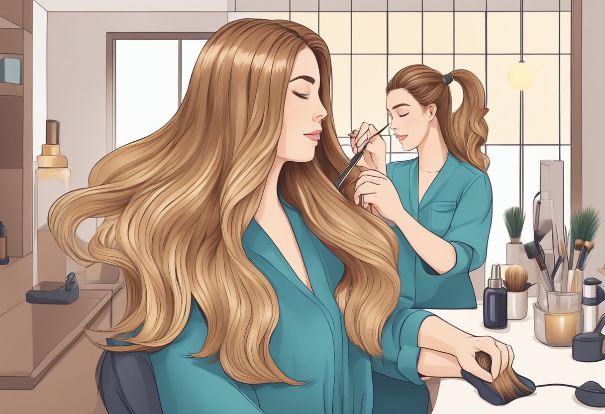 Una persona examina las extensiones de cabello y luego aplica un tratamiento calmante.