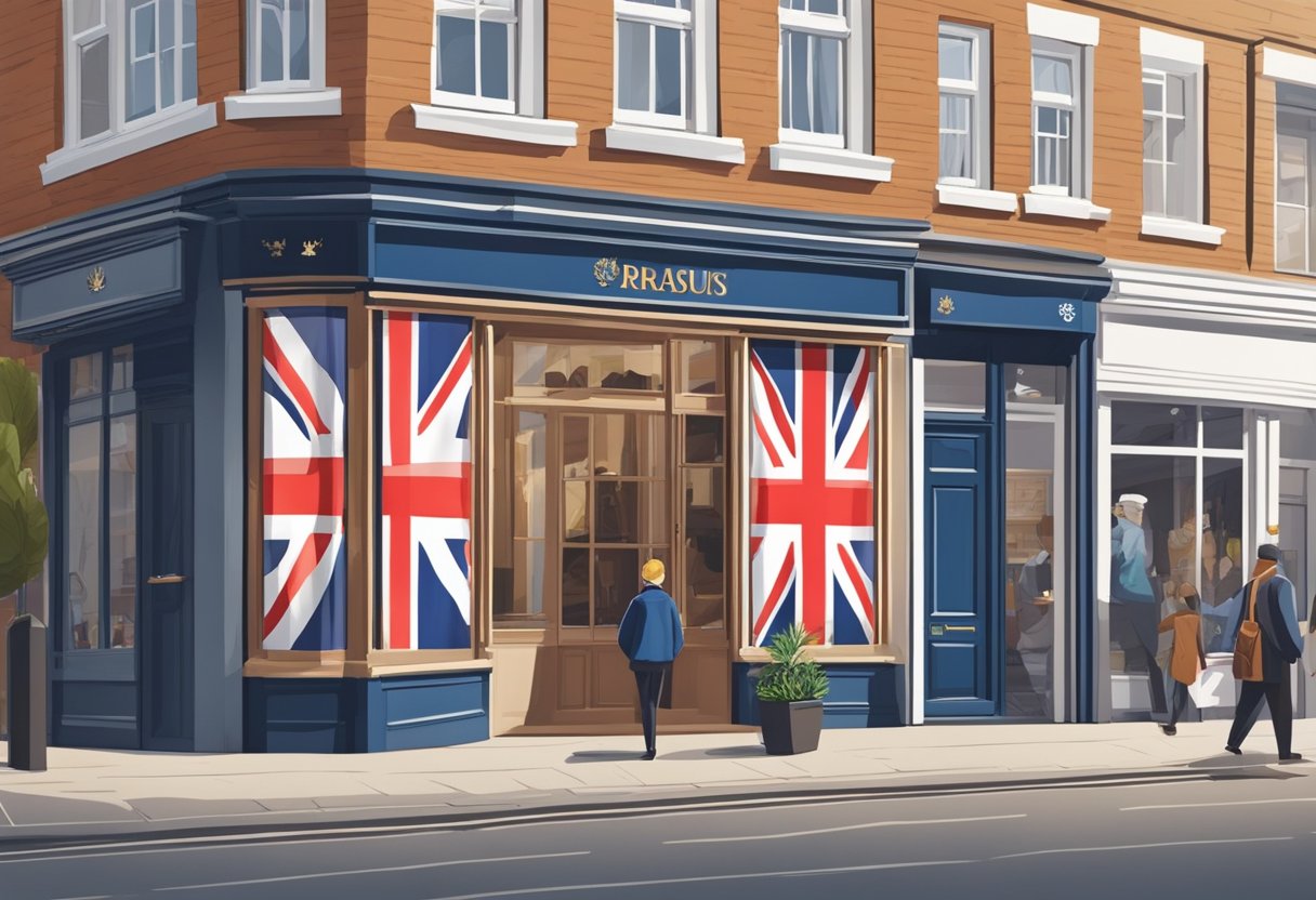 A British flag waving proudly outside a shop, with a prominent logo displayed on the storefront. Customers entering with a sense of trust and familiarity