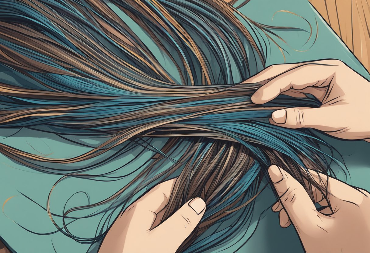 A pile of hair extensions shedding strands on a table, with a frustrated person holding a strand and looking at it closely