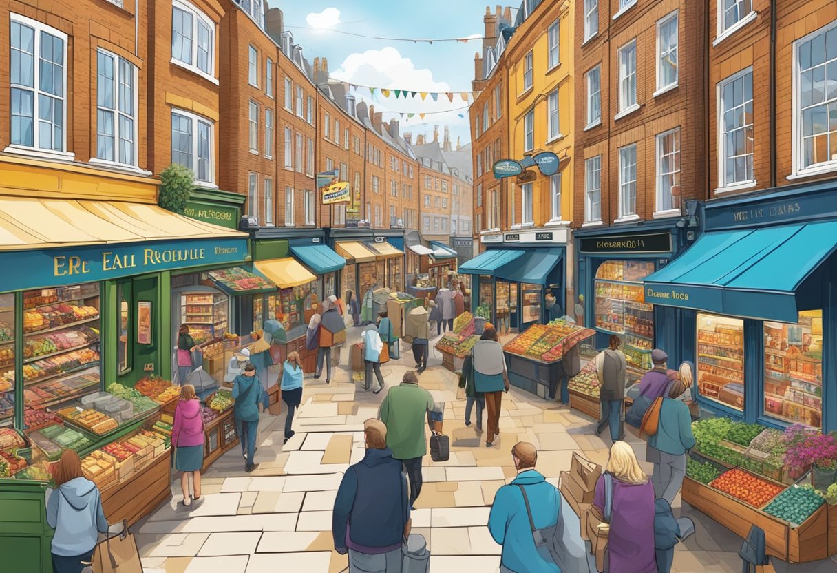 A bustling UK marketplace with vibrant storefronts and prominent branding displayed on signs, packaging, and products. The atmosphere is alive with the power of branding