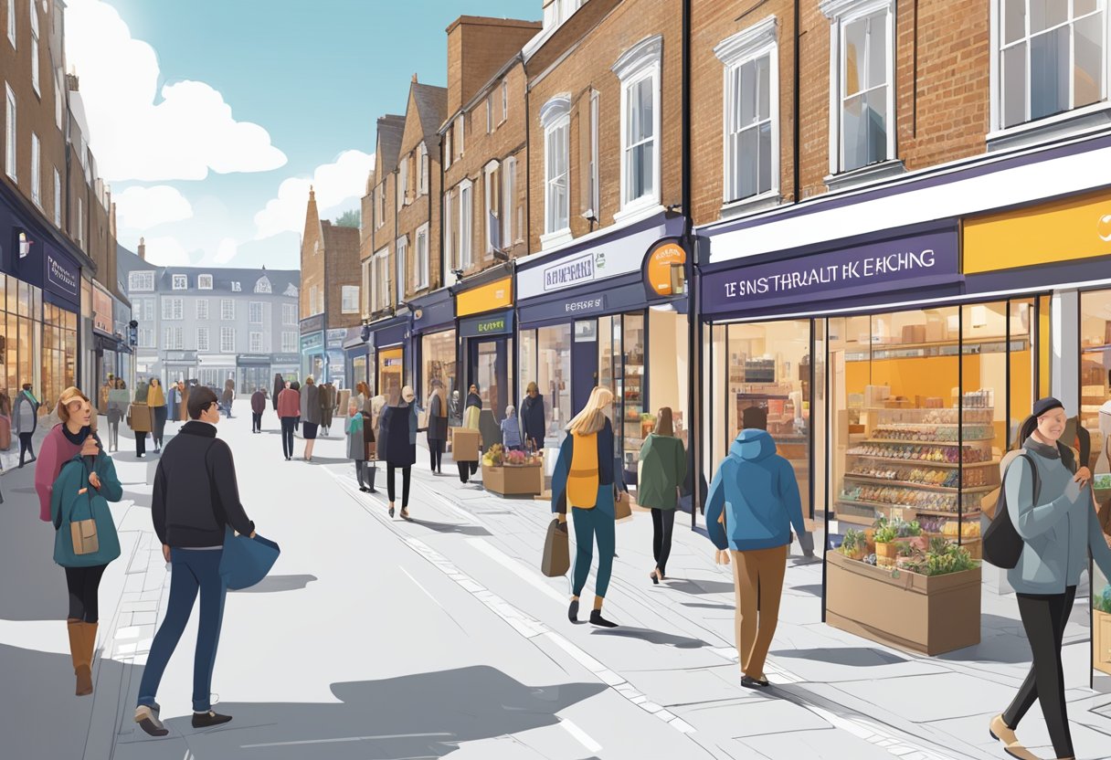 A bustling UK high street, with vibrant storefronts and engaging signage. Customers interact with immersive displays, creating a memorable brand experience