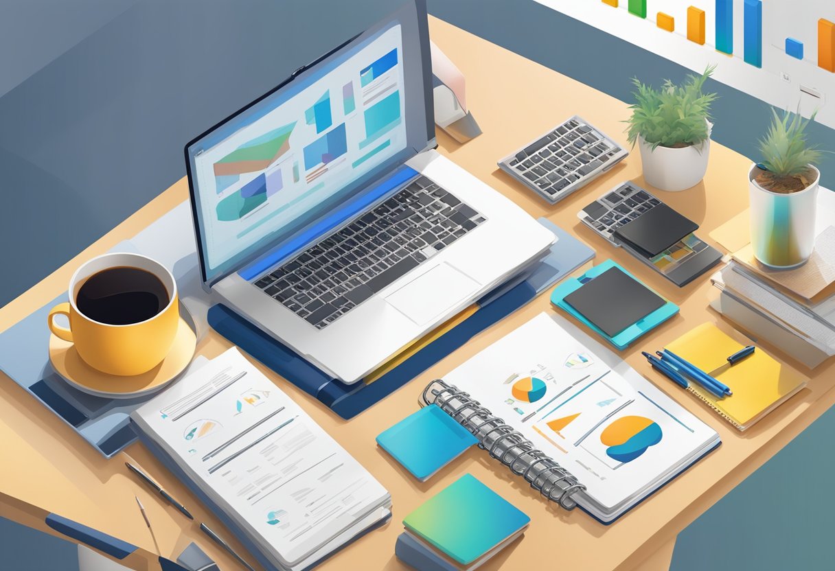 A desk with a laptop, notebook, and pen. Brand audit guide book open with highlighted sections. Brand logos and products displayed on the wall