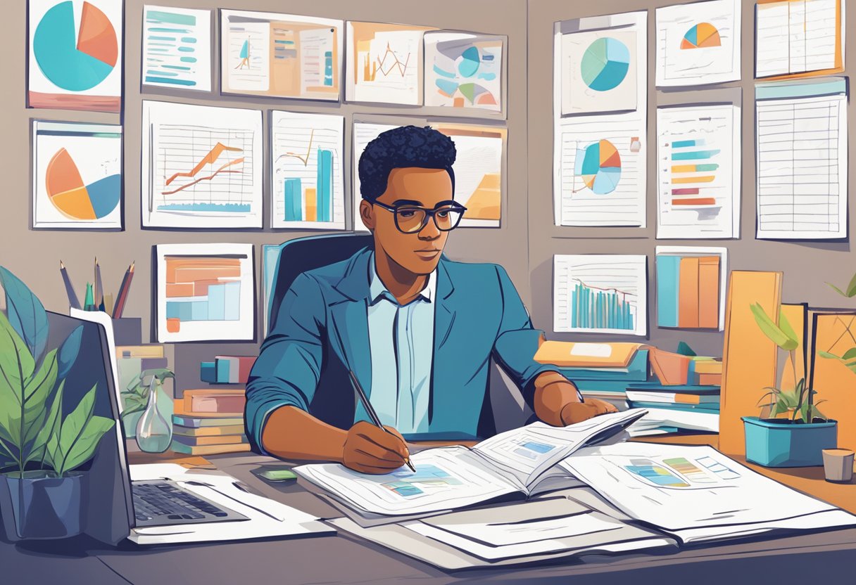 A person sits at a desk surrounded by charts, graphs, and reports. They are analyzing data and making notes in a notebook. The room is filled with a sense of focus and determination