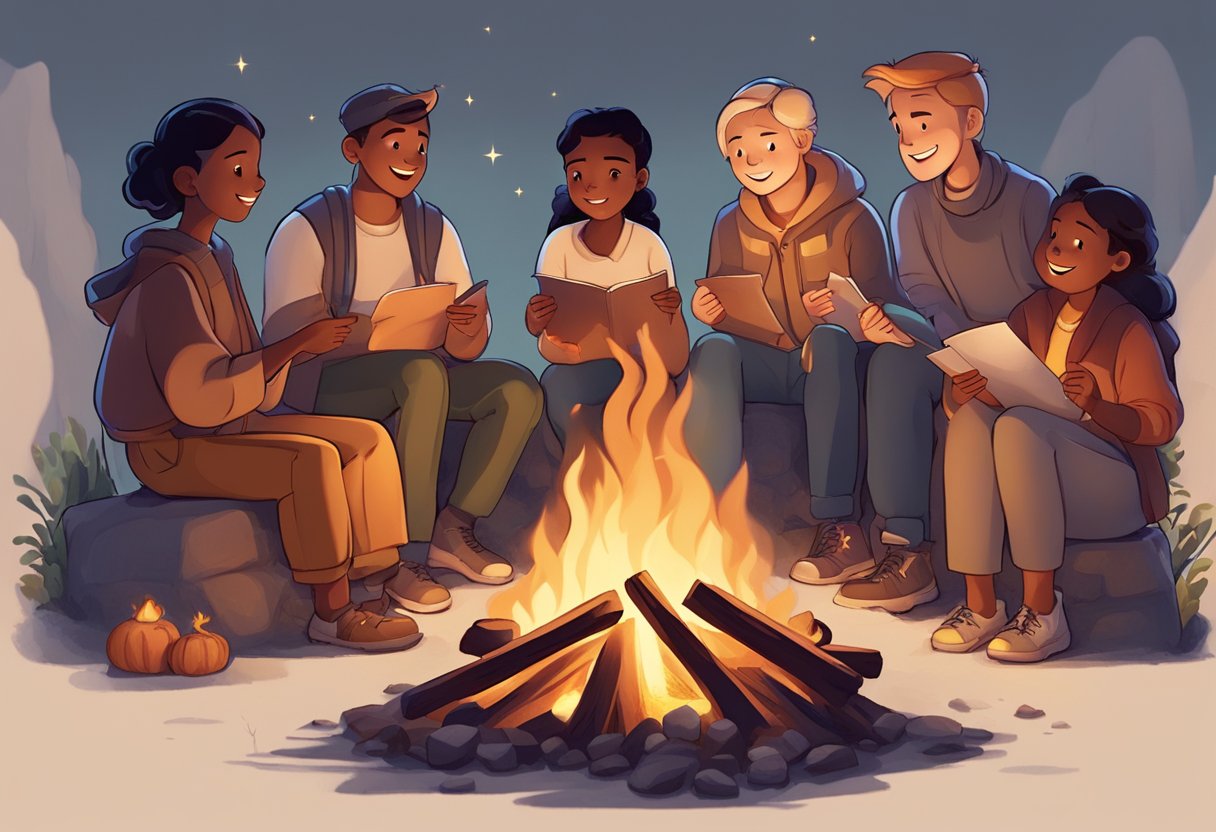 A group of diverse characters gather around a glowing campfire, captivated by a storyteller weaving a tale with animated gestures