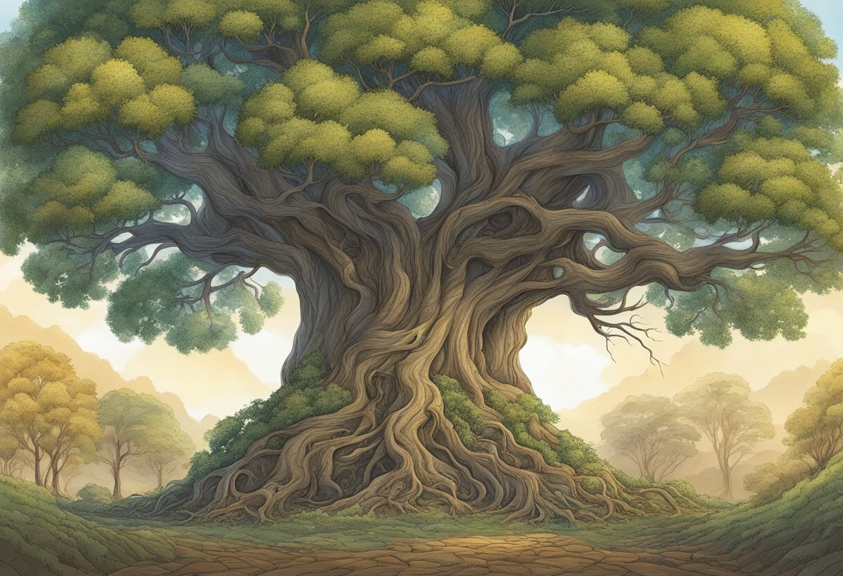 A majestic tree stands tall, its roots reaching deep into the earth. Around it, animals gather, captivated by the tales woven into its branches. The tree emanates a sense of history, wisdom, and connection, embodying the essence of storytelling