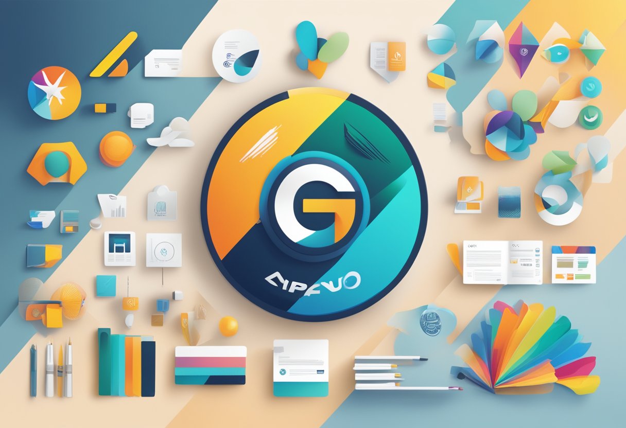 A company logo being transformed with a modern and sleek design, surrounded by various branding elements such as color palettes, typography, and imagery
