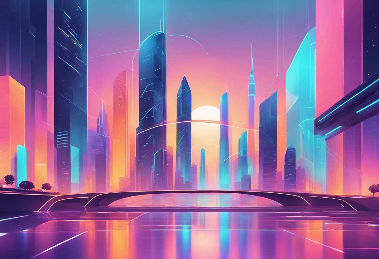 A futuristic cityscape with holographic interfaces, sleek and minimalist web designs, and interactive user experiences. Vibrant colors, geometric shapes, and seamless animations define the latest web design trends for 2024