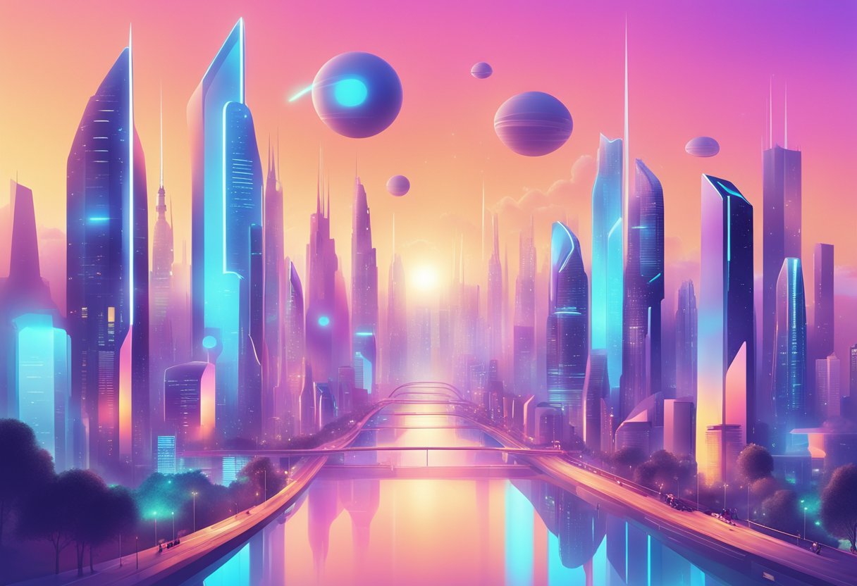 A futuristic city skyline with holographic interfaces and AI-powered design tools shaping web layouts for 2024