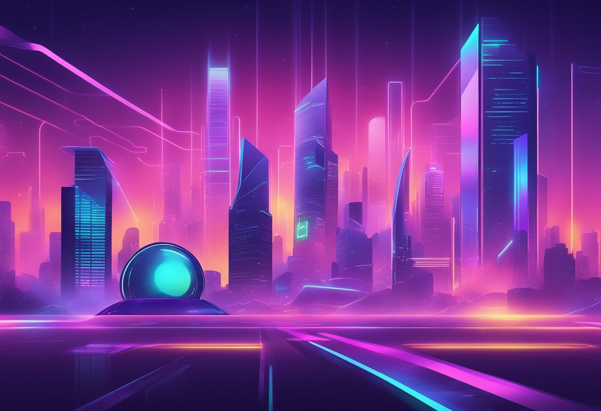 A futuristic website interface with holographic elements, sleek gradients, and minimalist typography, set against a backdrop of digital cityscapes and vibrant neon lights