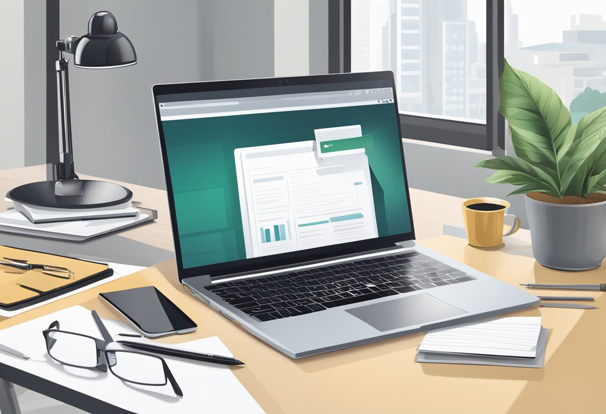 A laptop with a sleek design sits on a clean desk, surrounded by a notepad, pen, and a cup of coffee. The screen displays a well-organized website with clear navigation and engaging content
