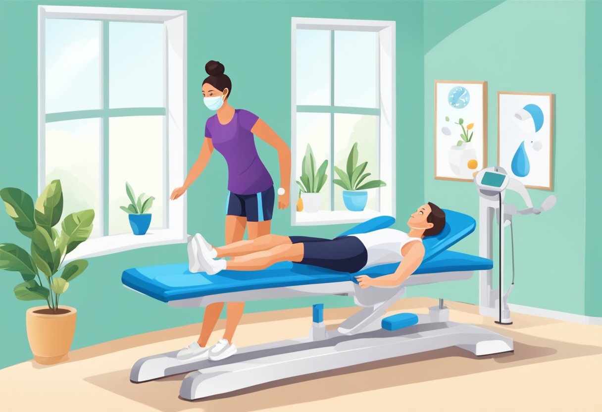 A physiotherapist guiding a patient through exercises using equipment in a bright, spacious clinic