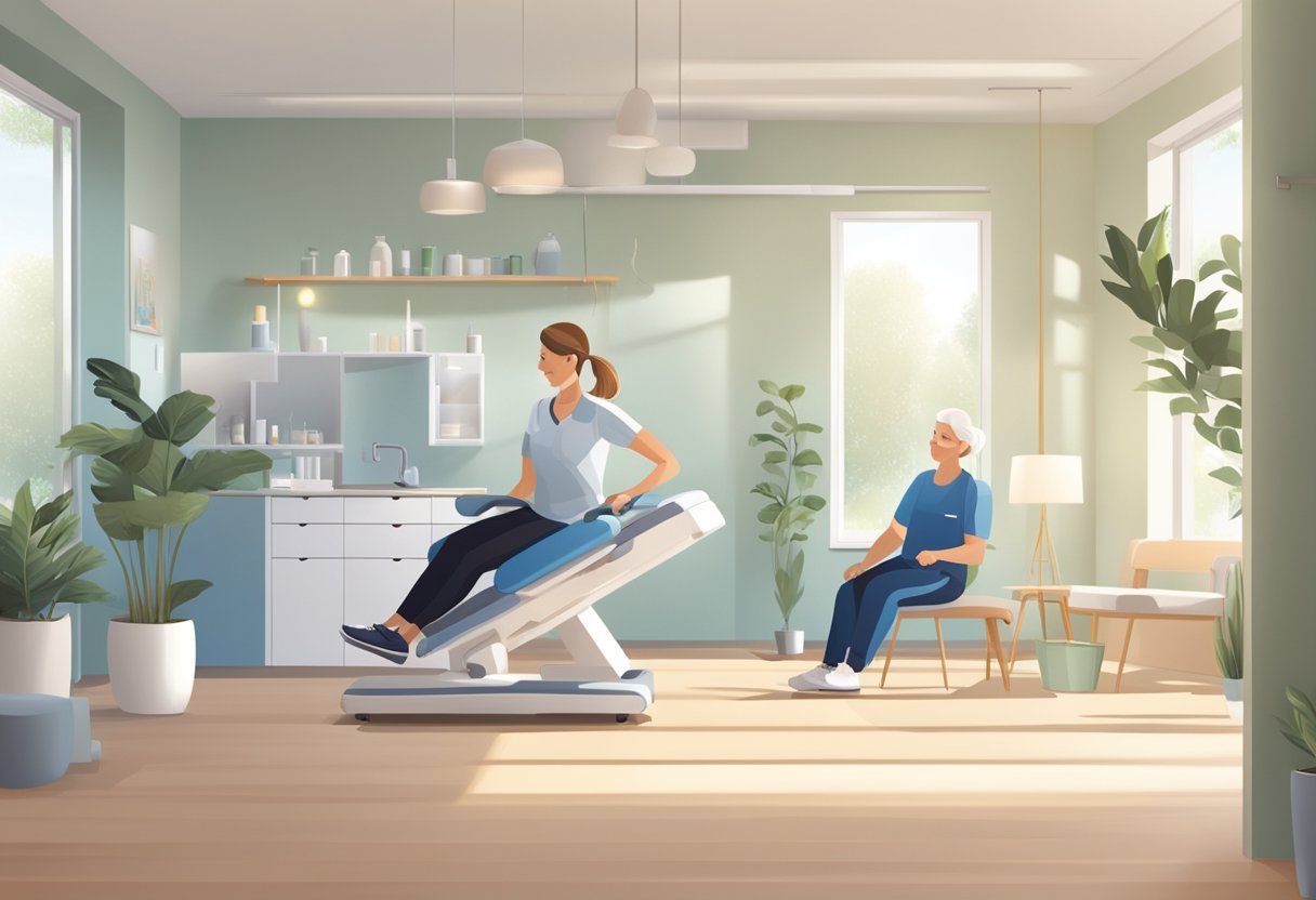A physiotherapist using equipment to aid a patient's rehabilitation in a bright, spacious clinic with natural light and modern decor