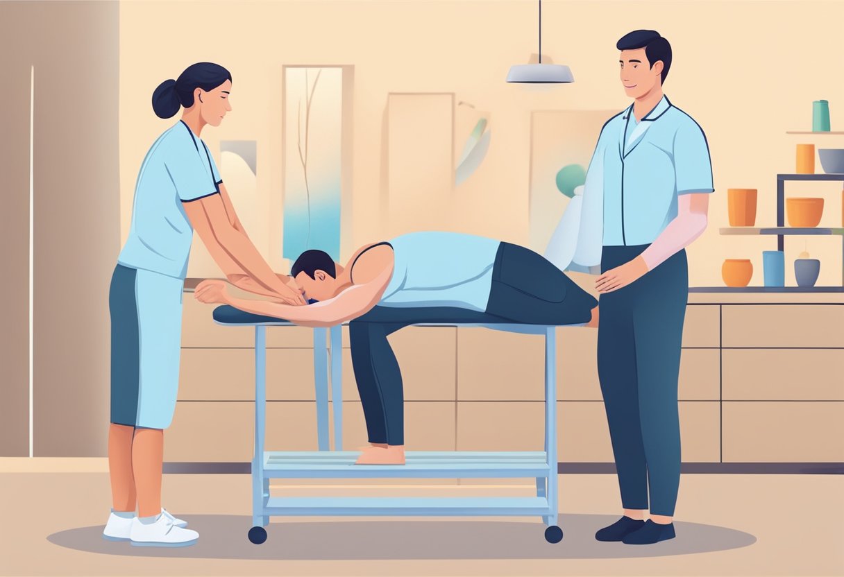 A physiotherapist applies heat therapy to a patient's back, while another uses massage techniques. A third therapist demonstrates stretching exercises