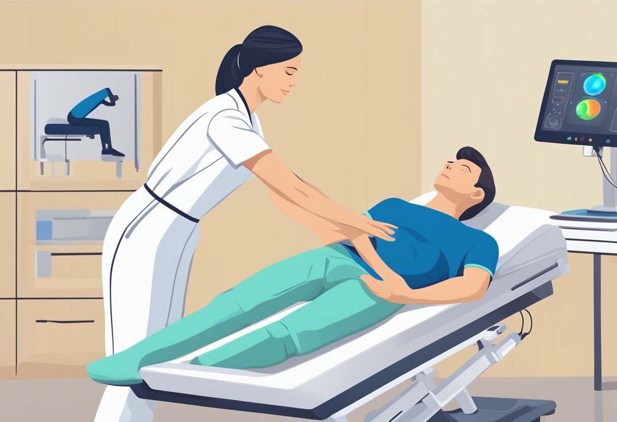 A physiotherapist applies non-invasive techniques to treat back pain. Equipment such as ultrasound machines and TENS units are used in the treatment process