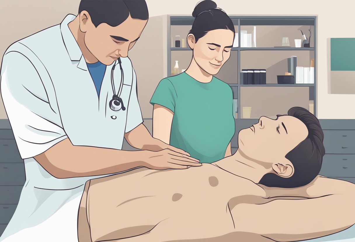 A person receiving osteopathic treatment for neck pain from a practitioner in a clinical setting