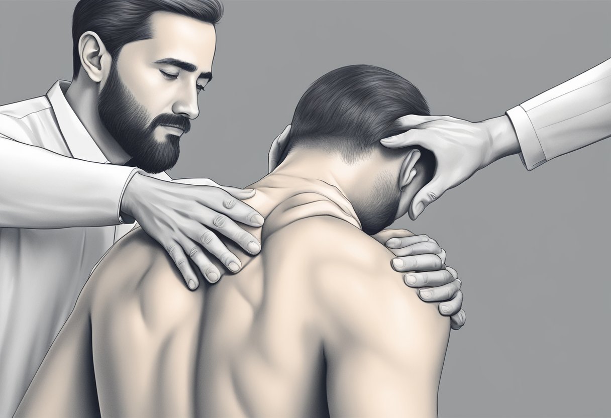 A person receiving osteopathic treatment for neck pain, with the osteopath using hands-on techniques to manipulate and massage the neck and surrounding muscles