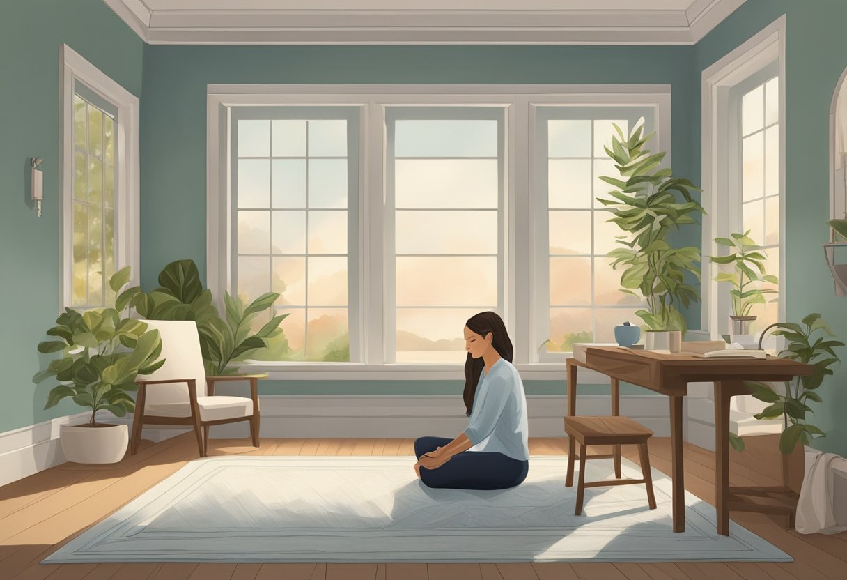 A serene figure sits in a peaceful room, surrounded by gentle, soothing elements. A sense of relief and relaxation emanates from the environment, suggesting the alleviation of headaches and migraines through osteopathic treatment