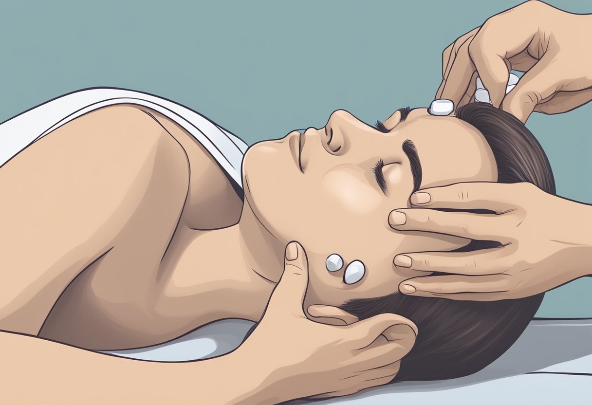 A person receiving osteopathic treatment for headaches and migraines, with a focus on the head and neck area. The osteopath is using gentle manipulation and massage techniques to relieve tension and improve circulation