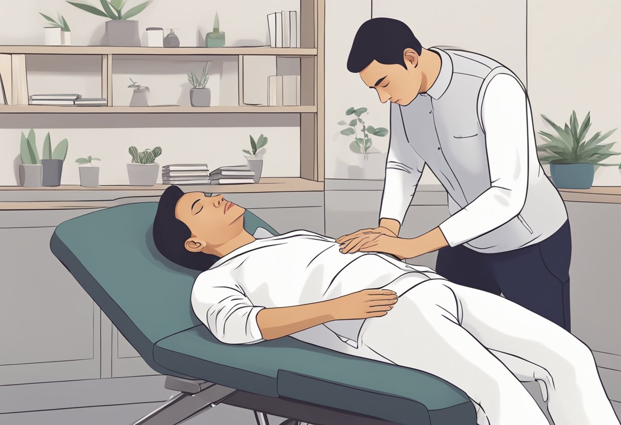 A person sitting in a relaxed position, receiving osteopathic treatment for headaches. The osteopath is using gentle manipulation techniques to address tension and alleviate pain