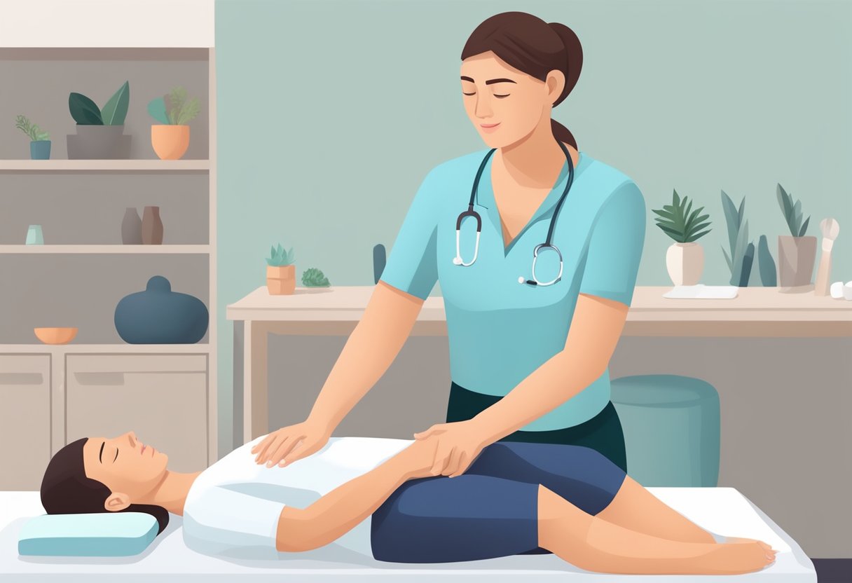 A person receiving osteopathic care for arthritis, with a practitioner using gentle manipulation and stretching techniques to relieve pain and improve joint mobility