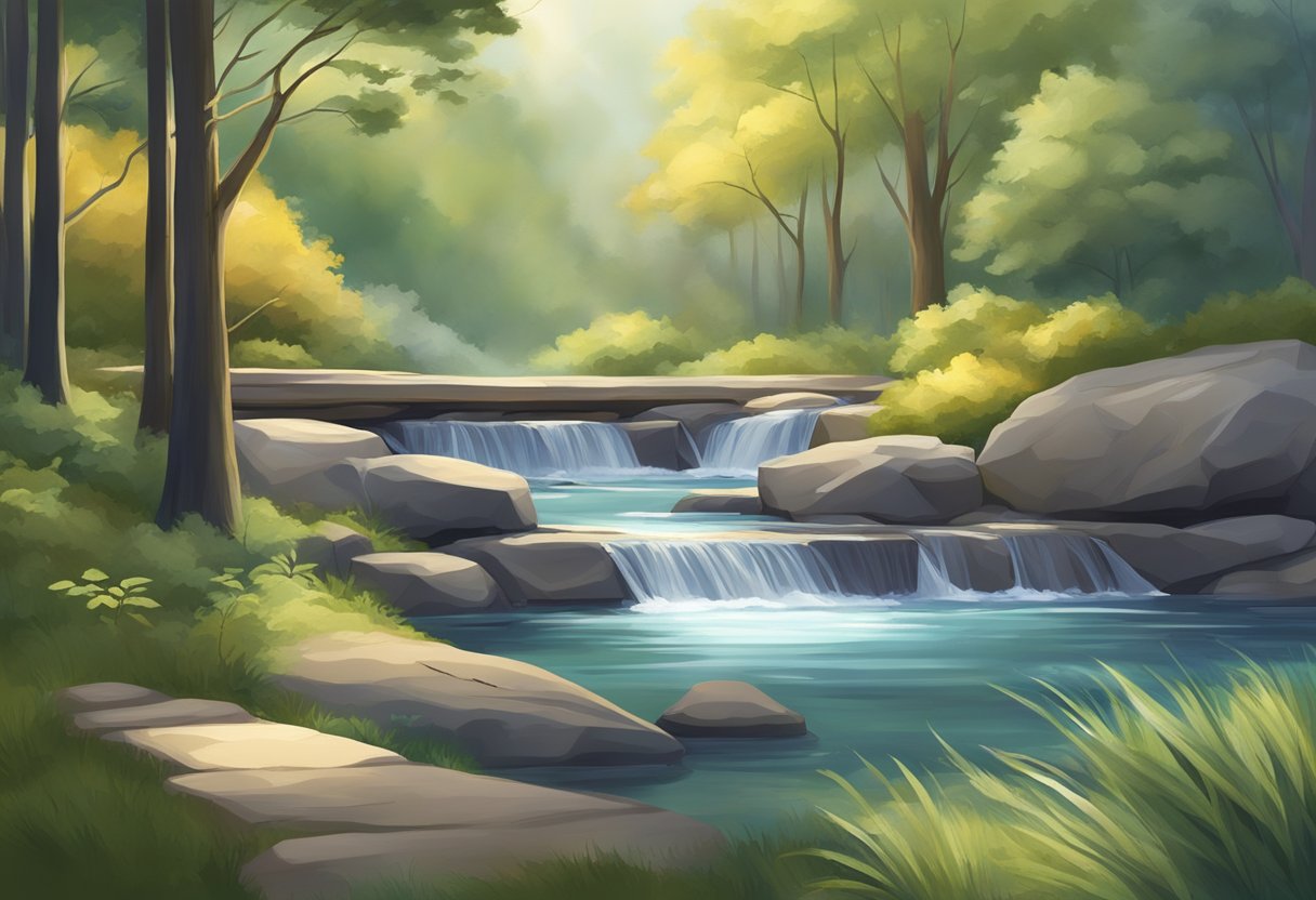 A serene setting with a peaceful atmosphere, featuring a calm and tranquil environment with gentle movements and stretches to promote relaxation and relieve arthritis symptoms
