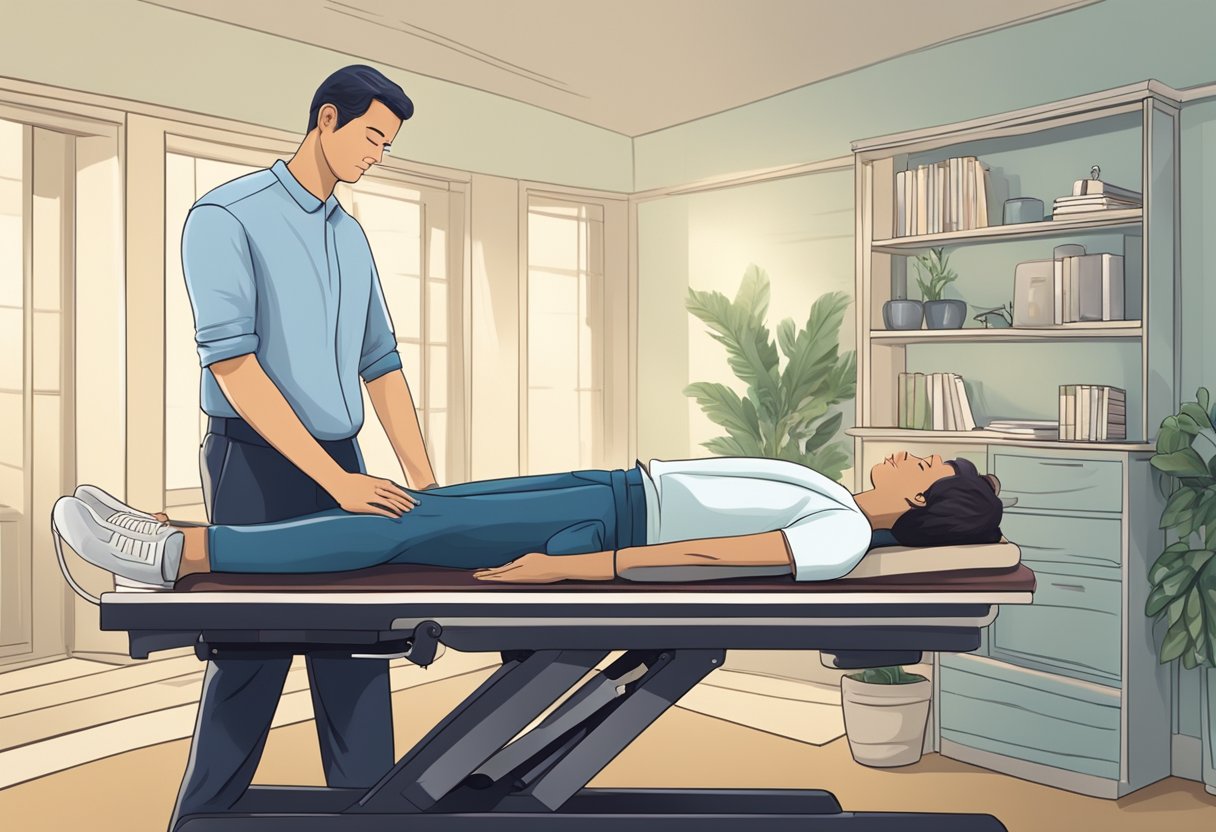 A person lying on a chiropractic table, with the chiropractor gently adjusting their spine. The patient appears relaxed and comfortable, with a sense of relief and ease on their face