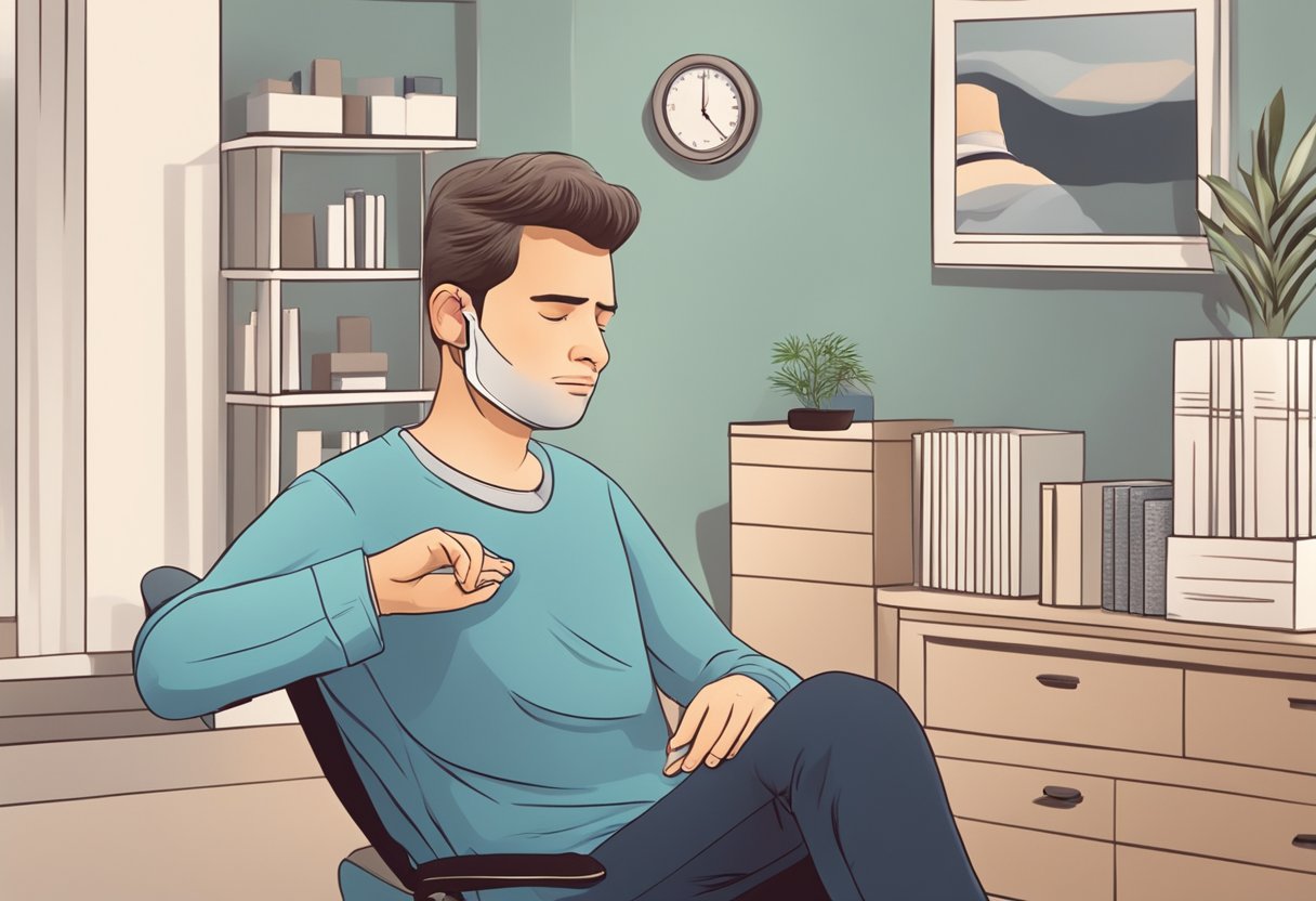 A person sitting in a chiropractor's office with a headache, receiving care and feeling relief