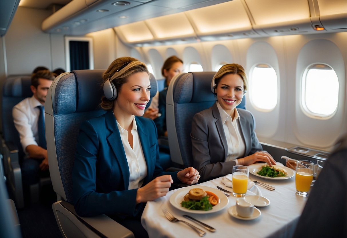 Passengers enjoying in-flight entertainment, dining, and comfortable seating on a flight from Denver to Berlin. Flight attendants providing additional services