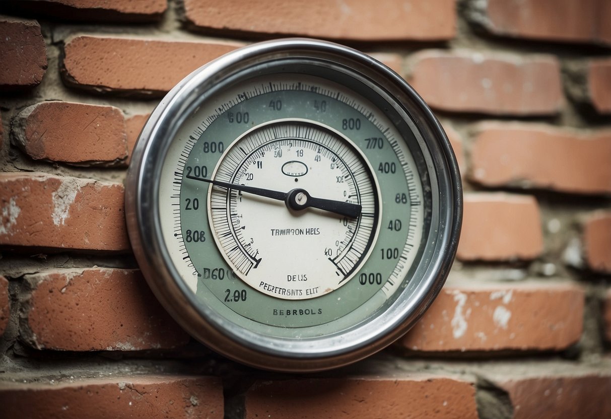 A vintage thermometer on a weathered brick wall, displaying historical temperature data for April in Berlin