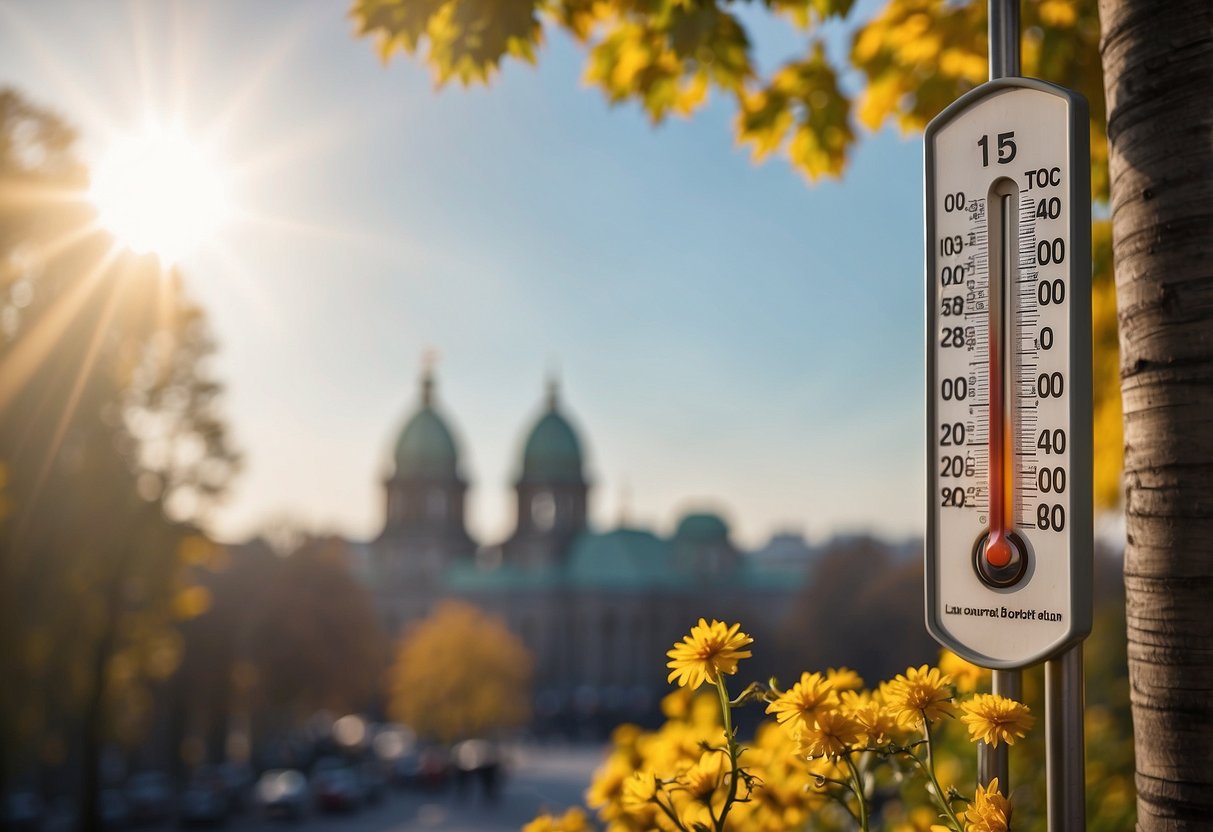 Sun shining on a thermometer showing 15°C in front of Berlin landmarks. Trees in bloom, people in light jackets