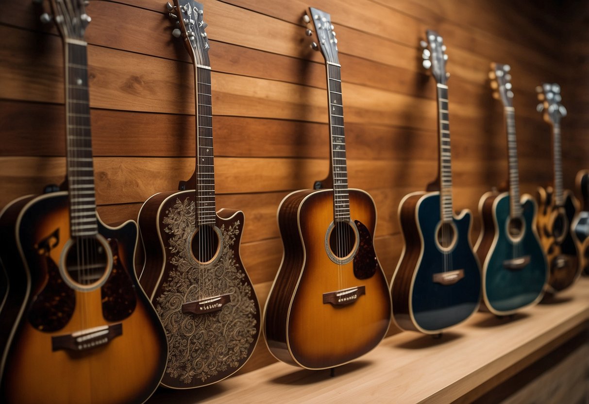 Guitars hang on a wall, arranged in a visually appealing pattern, adding a decorative touch to the room