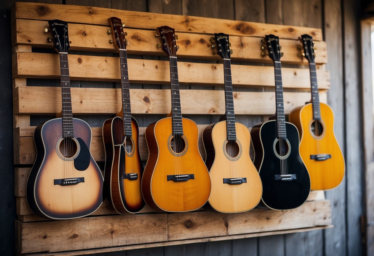 A rustic wooden pallet with hanging guitars on a wall for vintage home decor