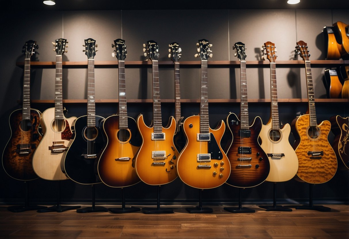 A gallery wall displays various guitars in different styles, hanging as home decor