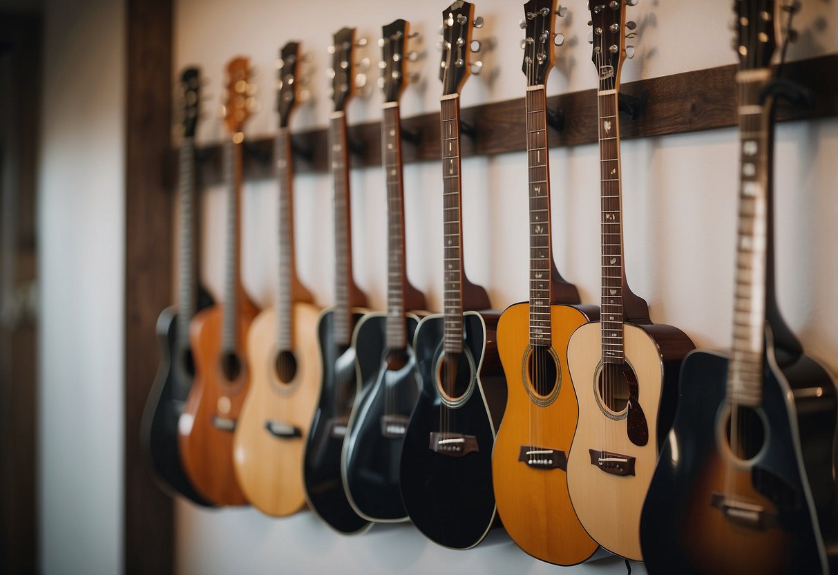 Guitars hang from unique wall hooks, adding a decorative touch to the home