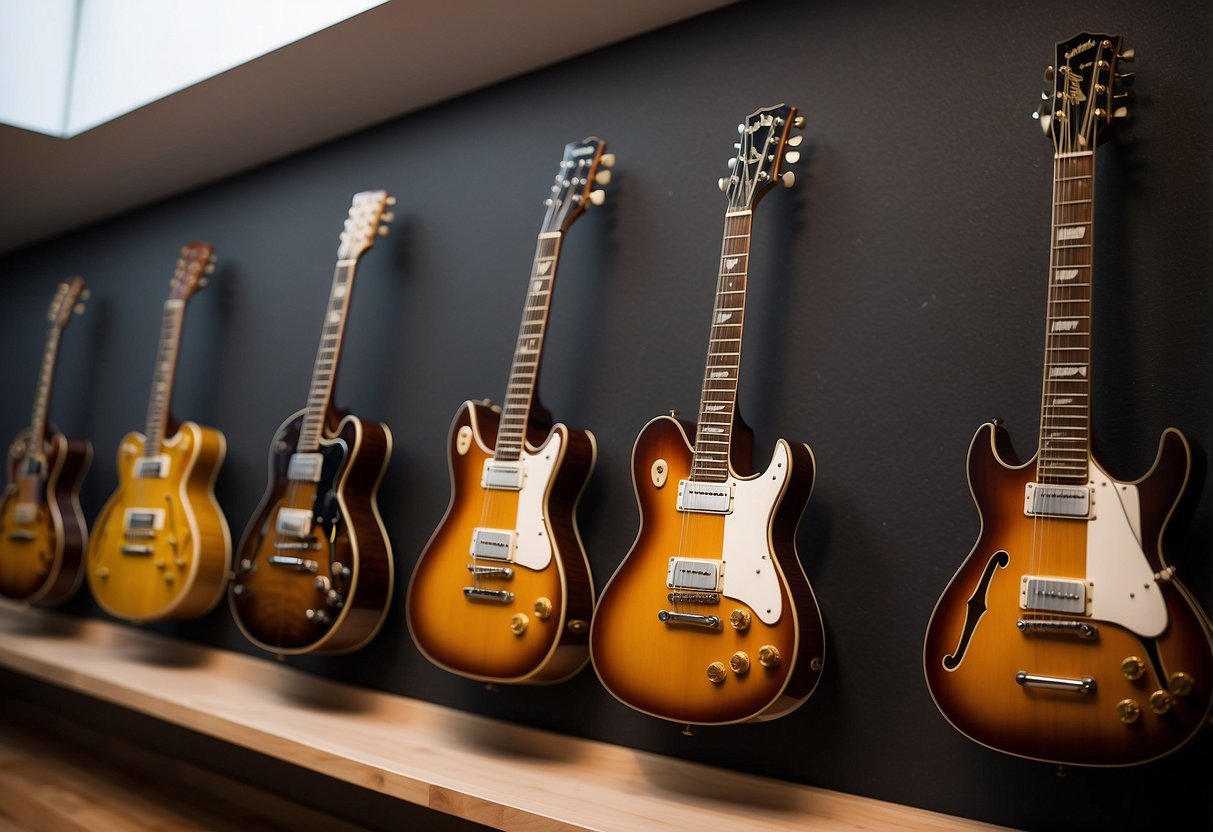 Guitars hang on a gallery wall among art pieces, creating a hybrid display for home decor