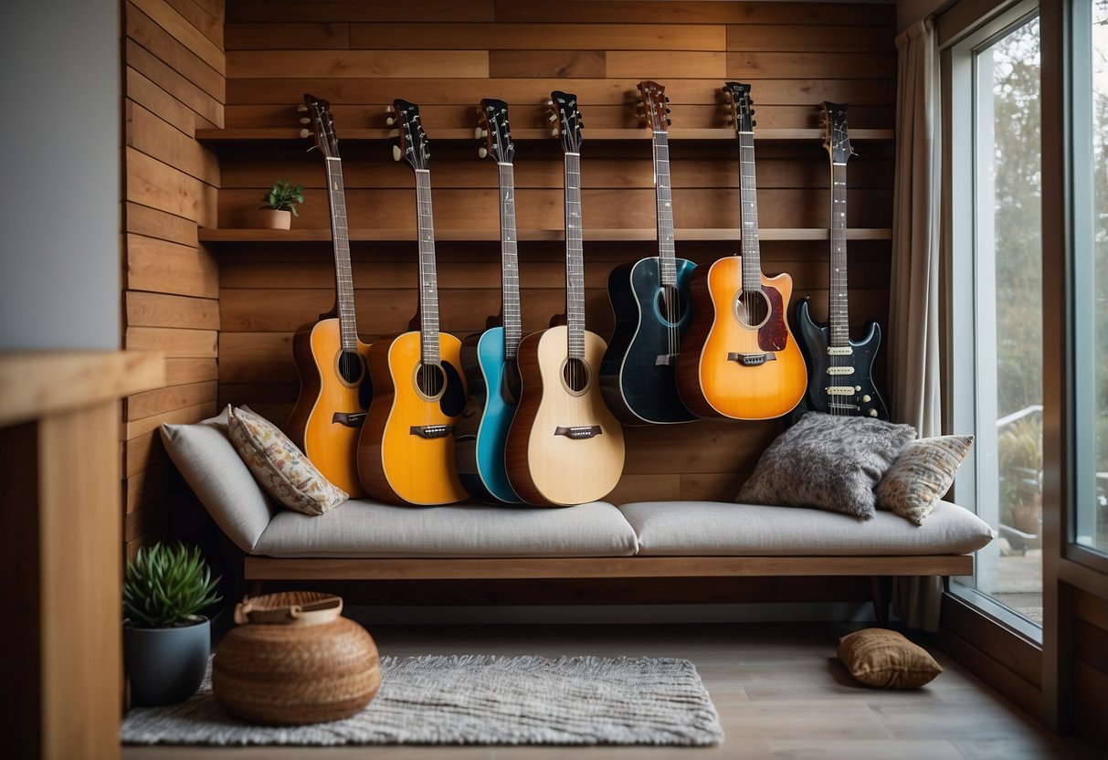 Guitars hang above a cozy reading nook, adding to the wall decor of the home