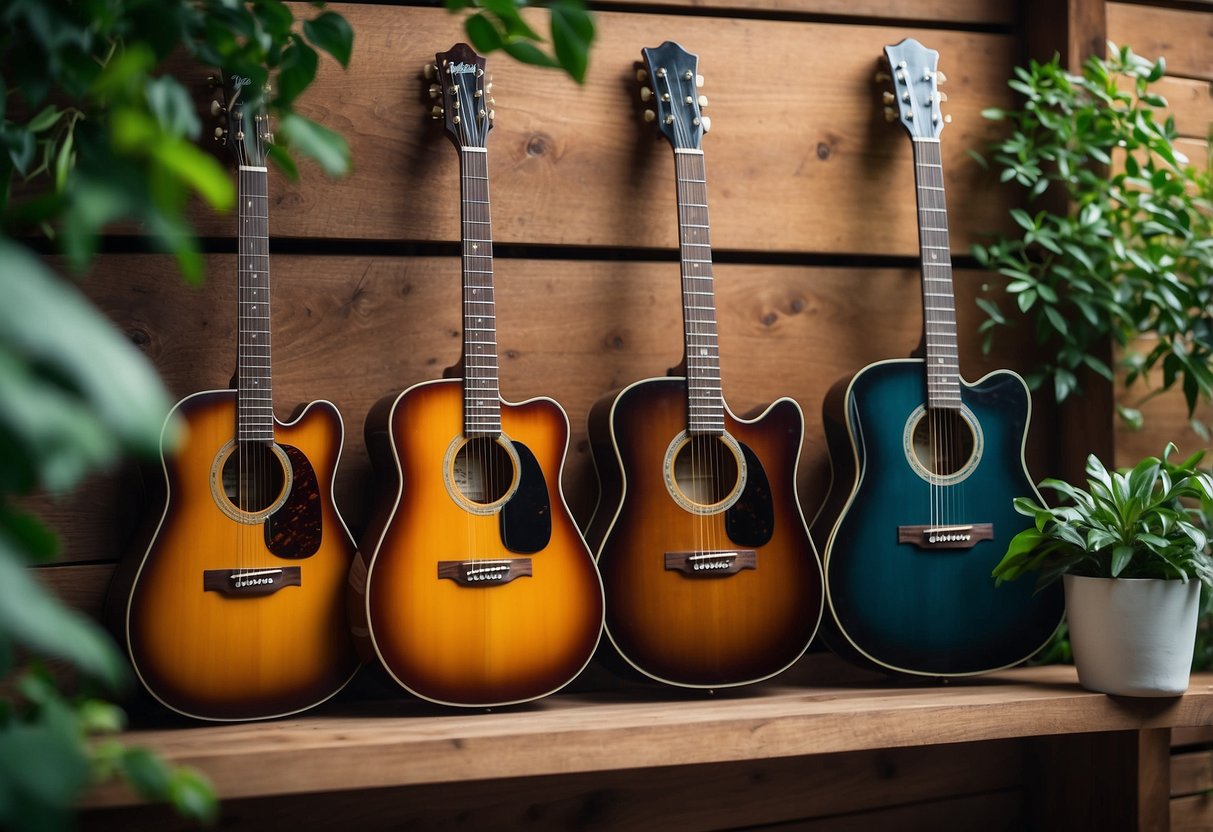 Guitars hang on a wooden wall, surrounded by lush green plants. The natural look creates a cozy and stylish home decor