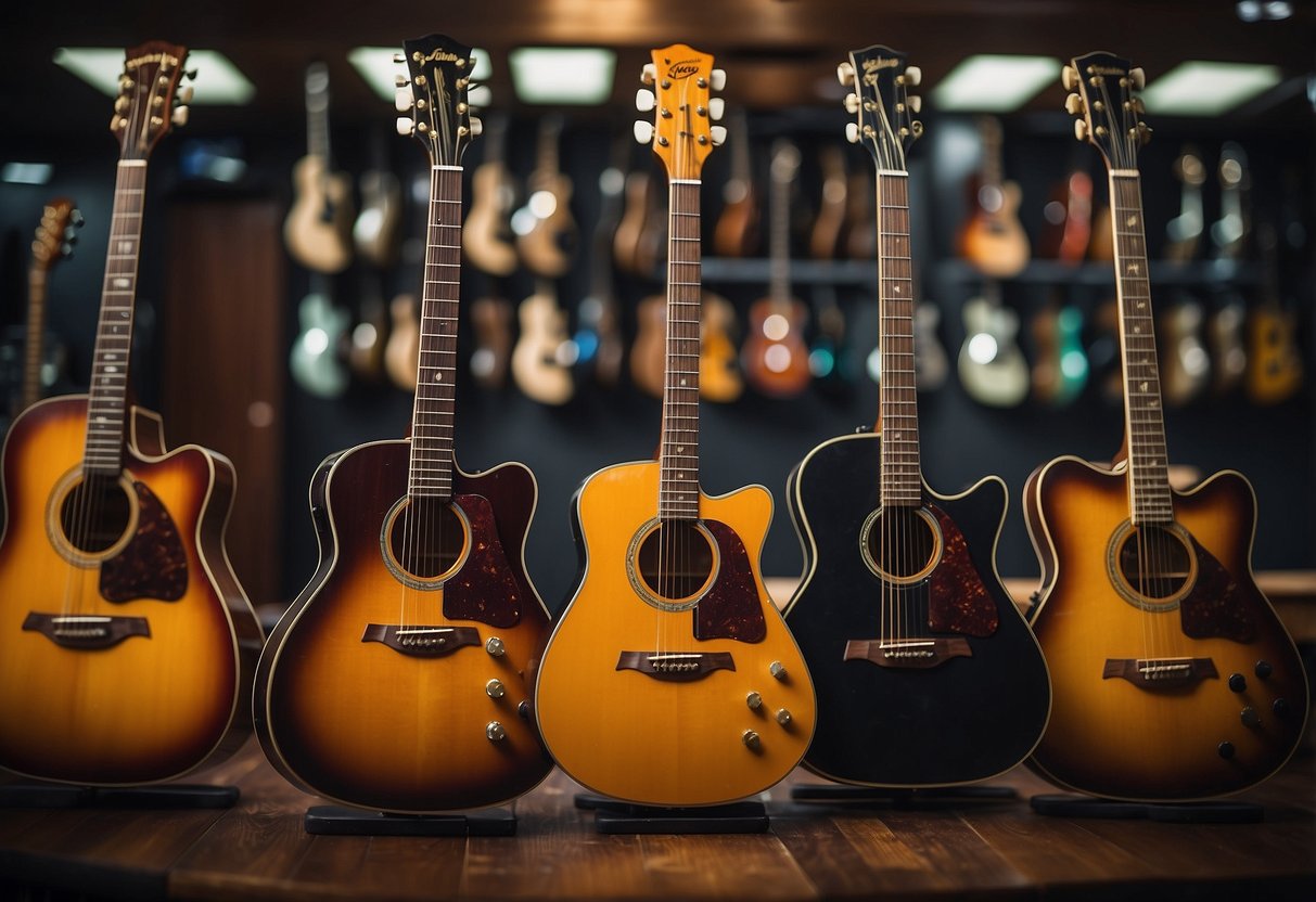 Guitars hang on the wall as decor in a music-themed room. Various styles and colors of guitars are displayed, adding a unique touch to the space