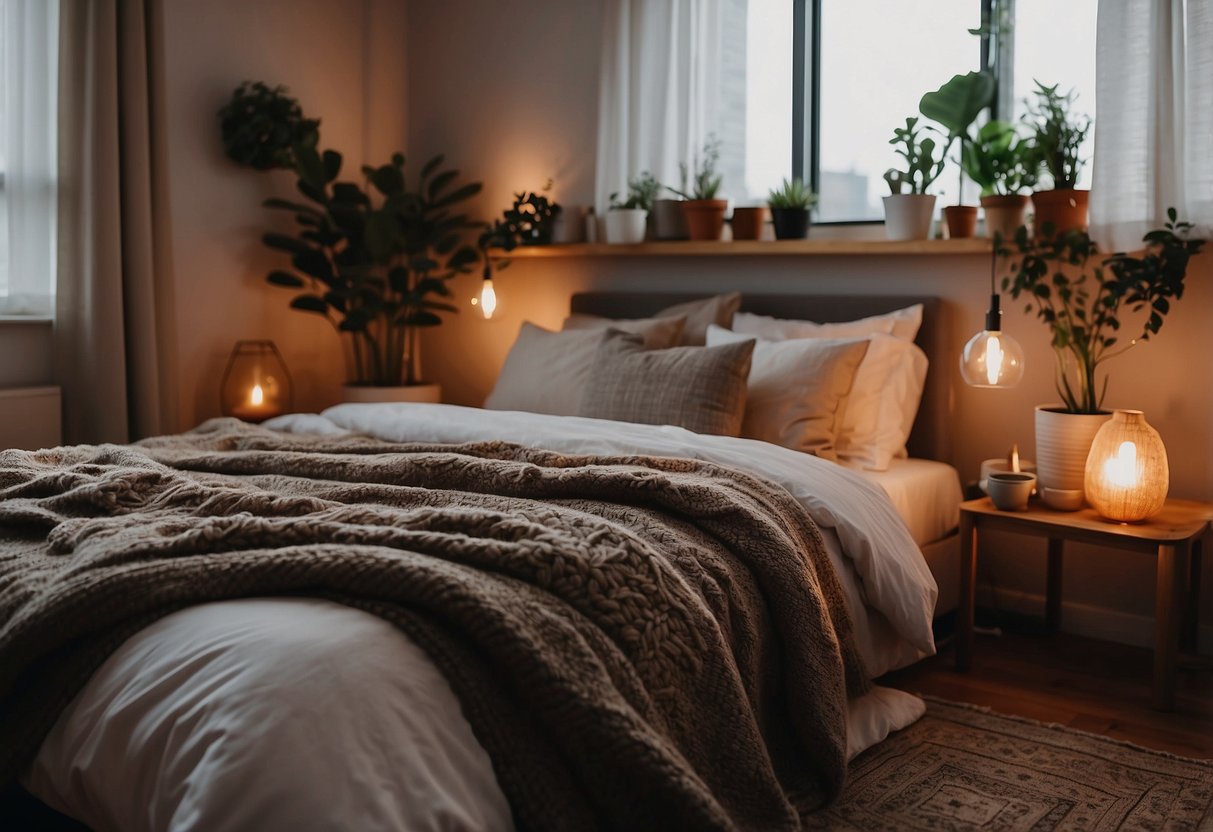 A cozy guest bedroom with handmade decor, like a DIY headboard, thrifted bedside tables, and a homemade throw blanket. Warm lighting and potted plants add a touch of comfort and style