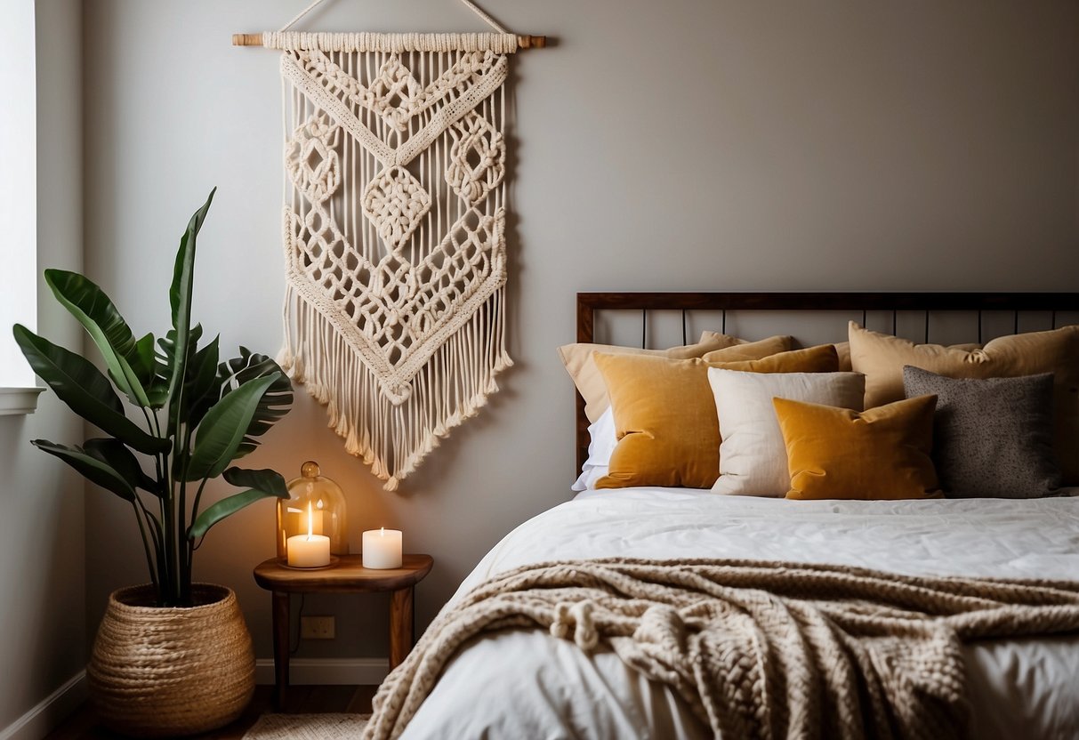 A handmade macramé wall hanging adorns a cozy guest bedroom, adding a touch of bohemian charm to the budget-friendly DIY home decor