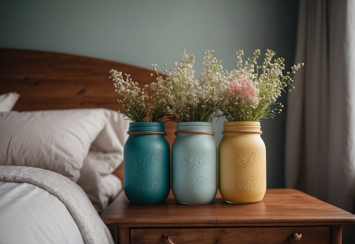 Three painted mason jar vases sit on a wooden bedside table in a cozy guest bedroom, adding a pop of color to the room's decor