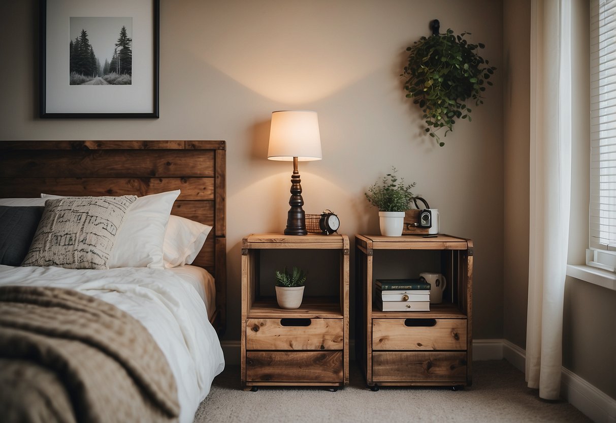 Two rustic wooden crate nightstands in a cozy guest bedroom, adorned with budget-friendly DIY home decor