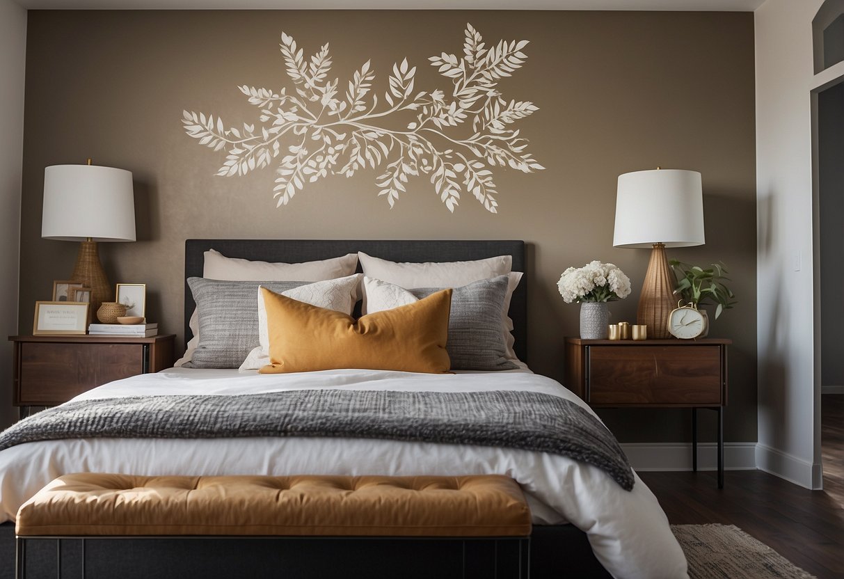 A stenciled accent wall in a cozy guest bedroom, with budget-friendly DIY decor ideas