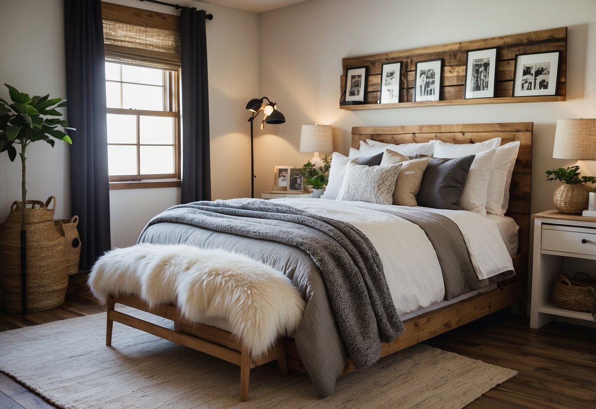 A cozy guest bedroom with reclaimed wood picture frames, DIY decor, and budget-friendly ideas