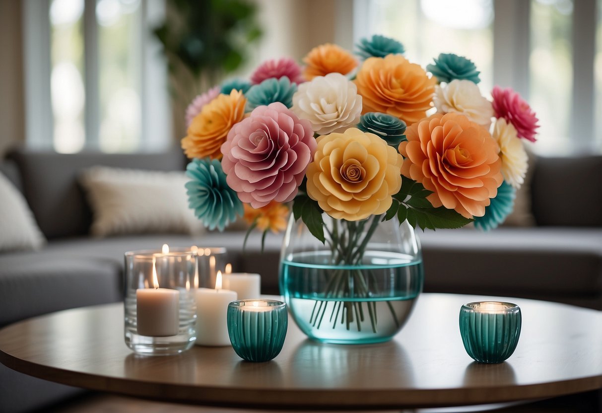 A table adorned with handmade paper flowers in various sizes and colors, arranged in a glass vase. A cozy living room with the flowers as the centerpiece