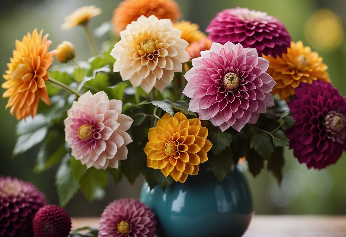 A vibrant dahlia bouquet sits as a centerpiece, surrounded by handmade paper flowers, adding a touch of elegance to the home decor