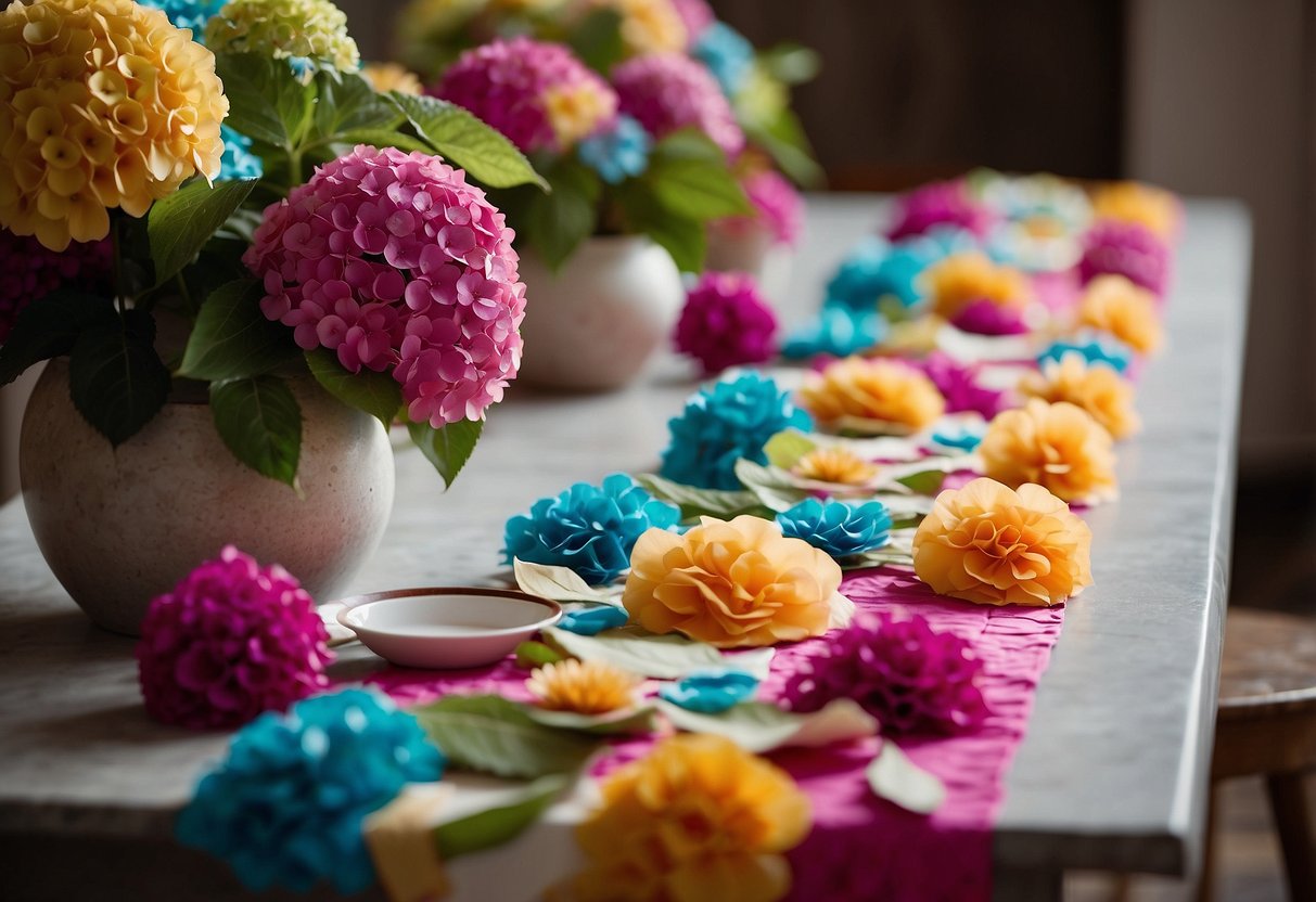 A table adorned with a vibrant hydrangea table runner, surrounded by handmade paper flowers as home decor ideas